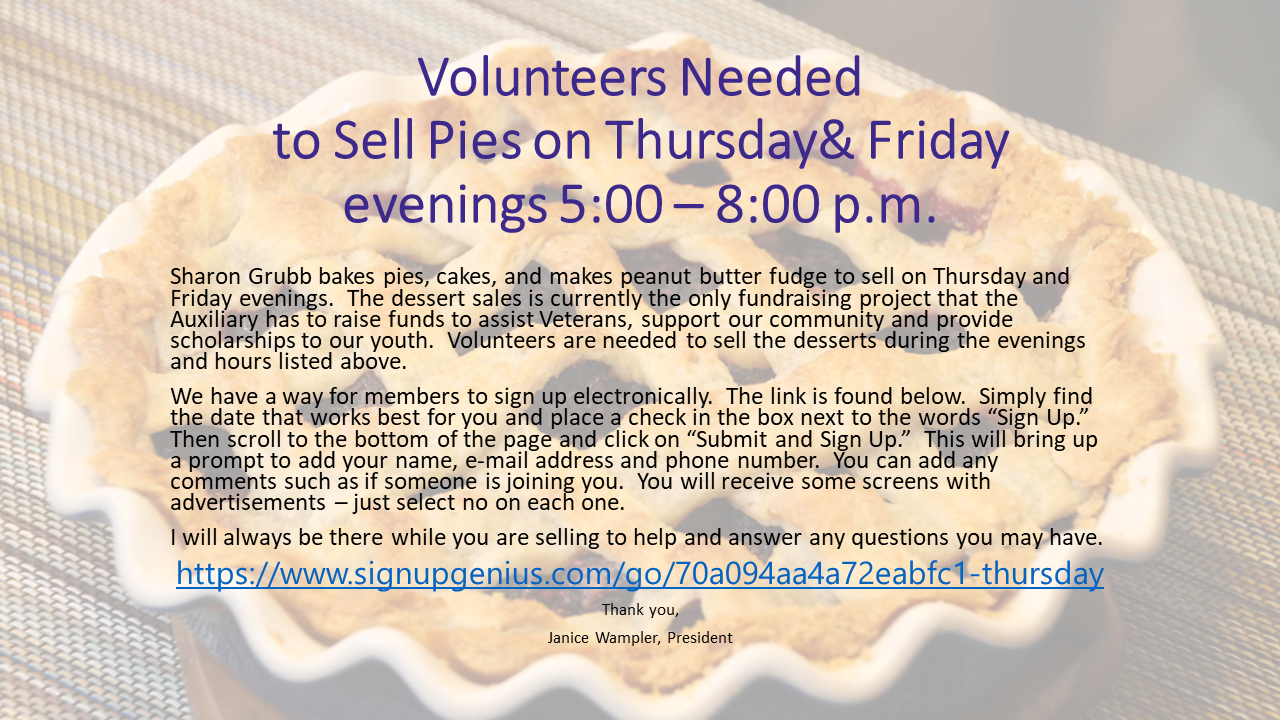 Volunteer to sell pies